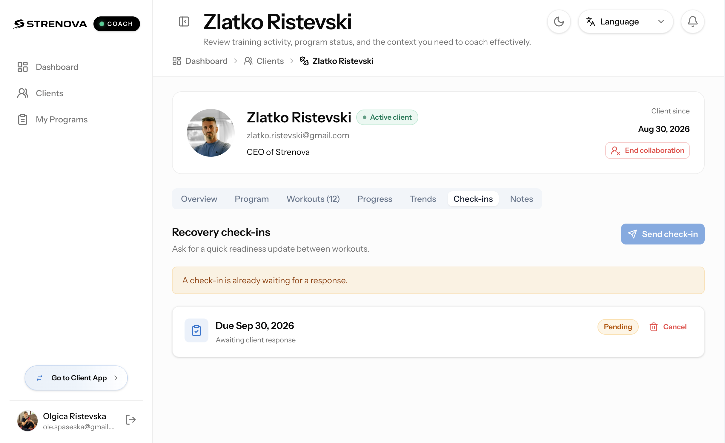 Strenova Coach App recovery check-ins showing a client workspace, send check-in action, and pending readiness update