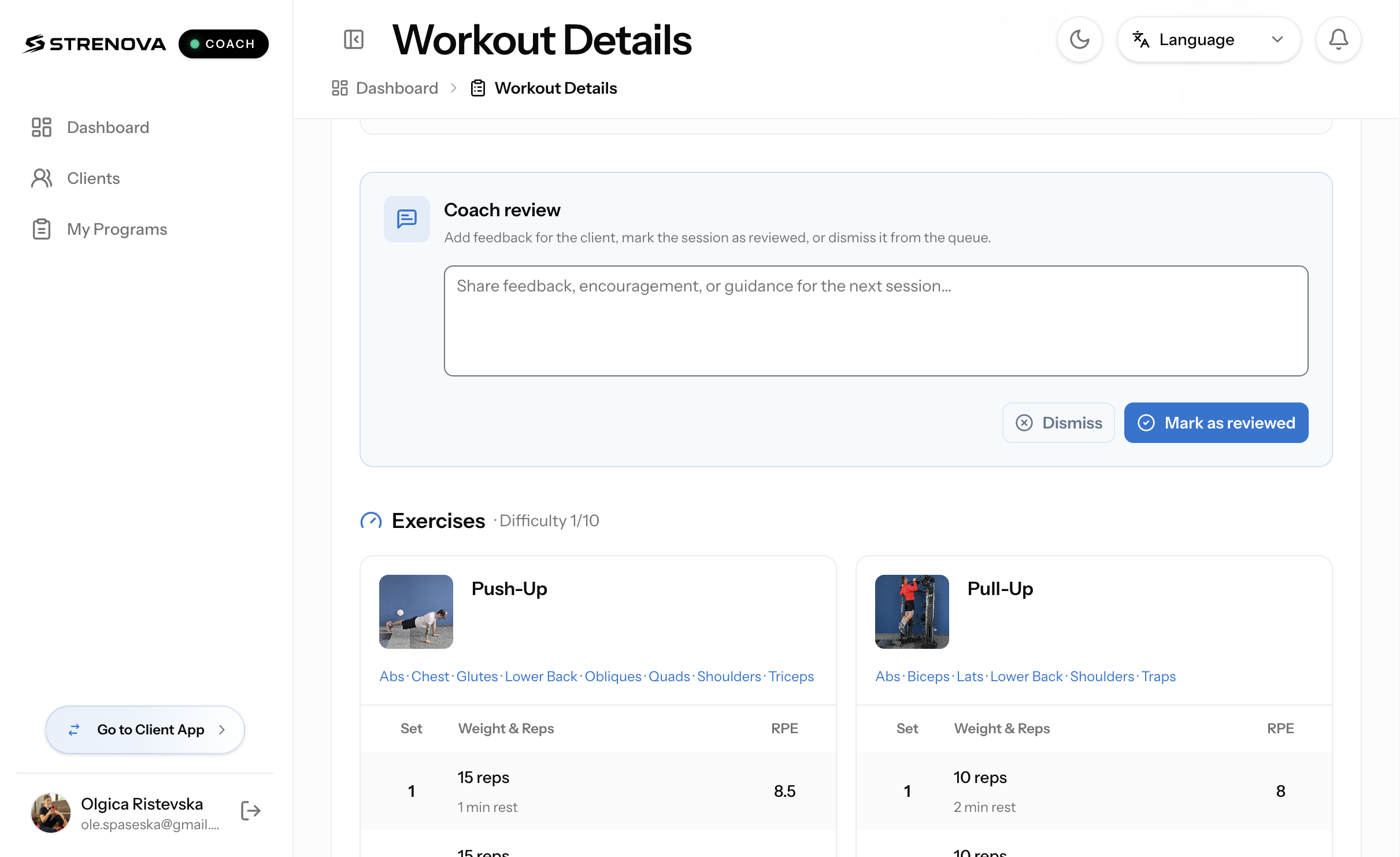 Strenova Coach App workout details showing coach feedback, review actions, and completed exercise sets with RPE