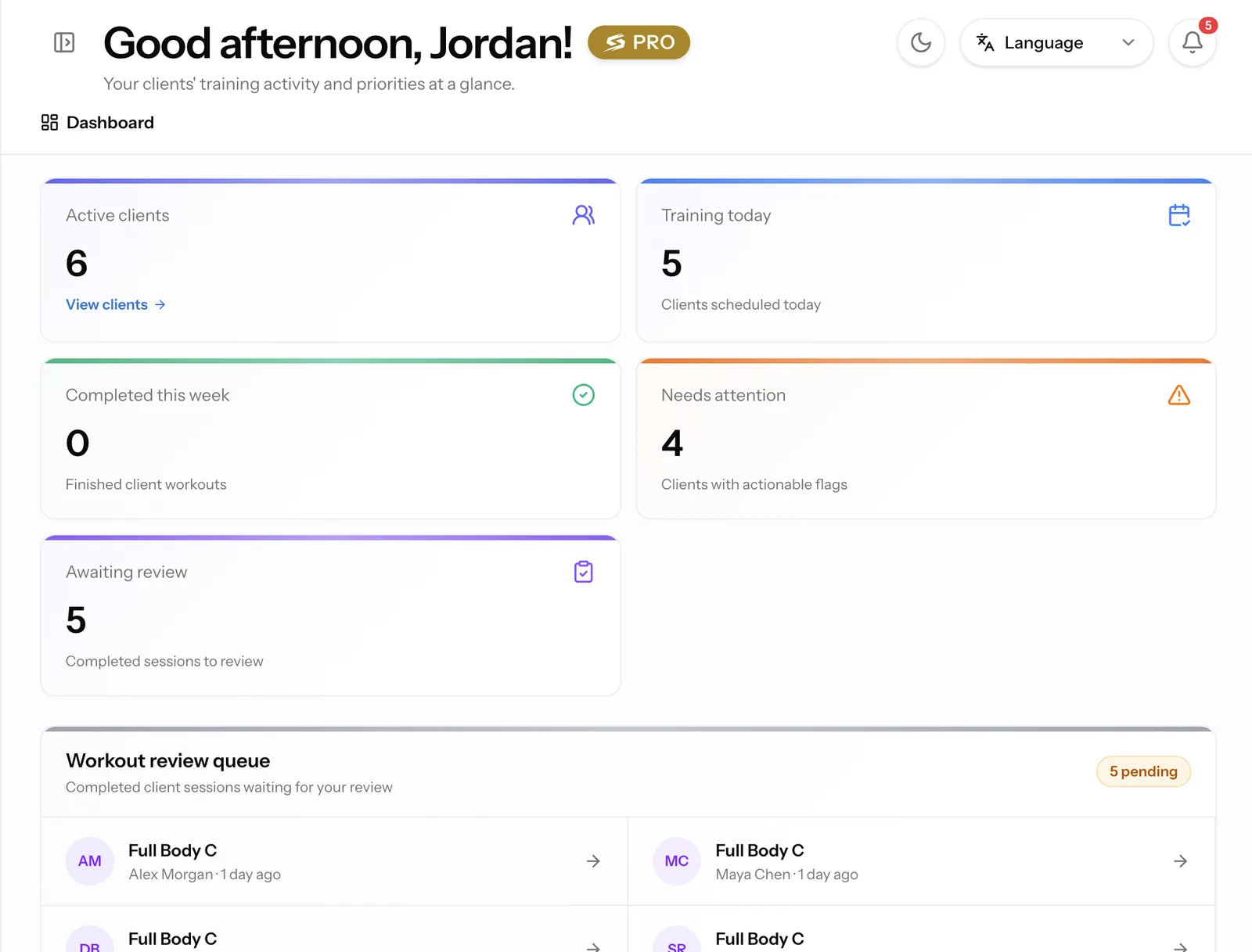 Coach dashboard with active clients, clients training today, clients needing attention, and the workout review queue