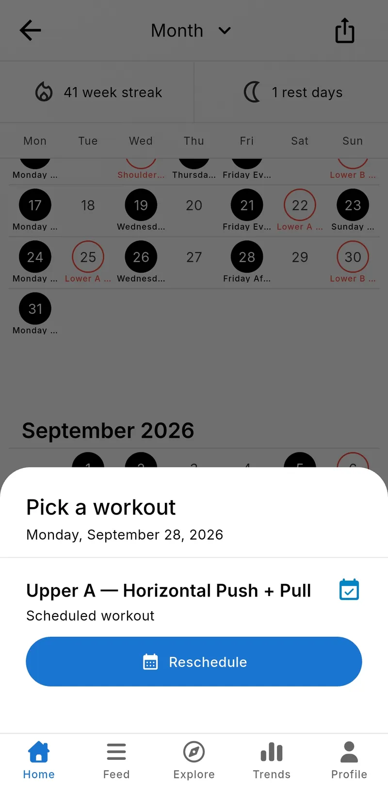 Strenova calendar showing a scheduled workout and the Reschedule action