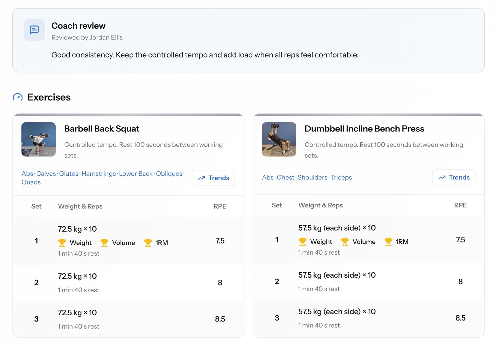 Coach review on a completed workout with feedback from the coach above the logged exercises and sets
