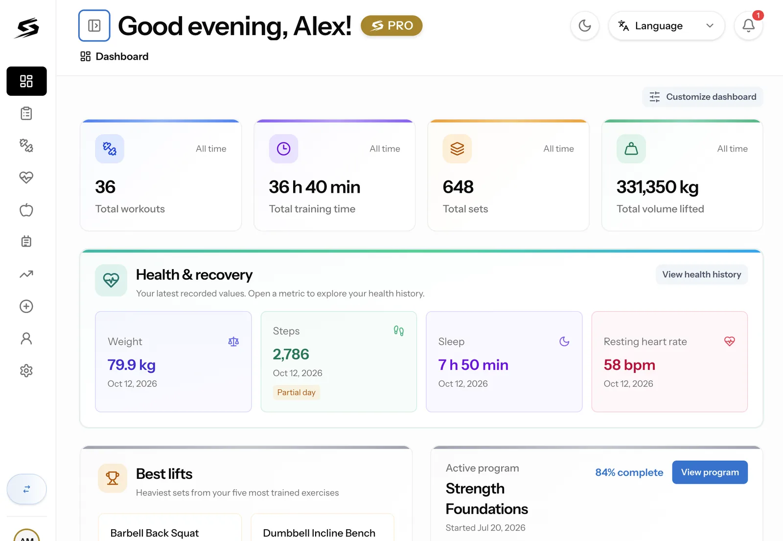 Strenova Web Portal dashboard with all-time training totals, health and recovery metrics, best lifts, and active program progress