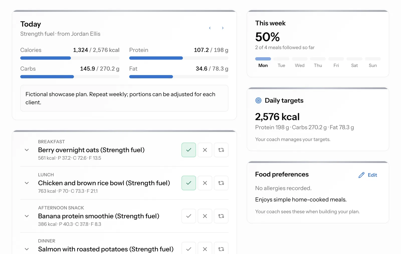 Strenova Web Portal nutrition view with today’s meals, calorie and macro progress against targets, and weekly adherence