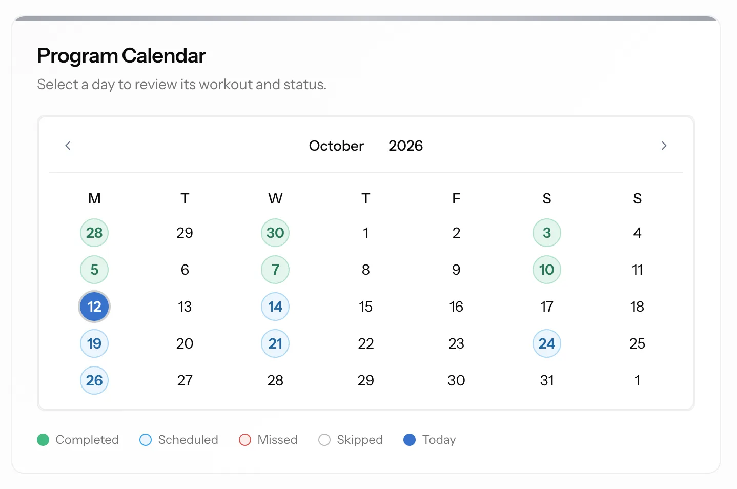 Program calendar for October with completed, scheduled, and today’s workouts marked