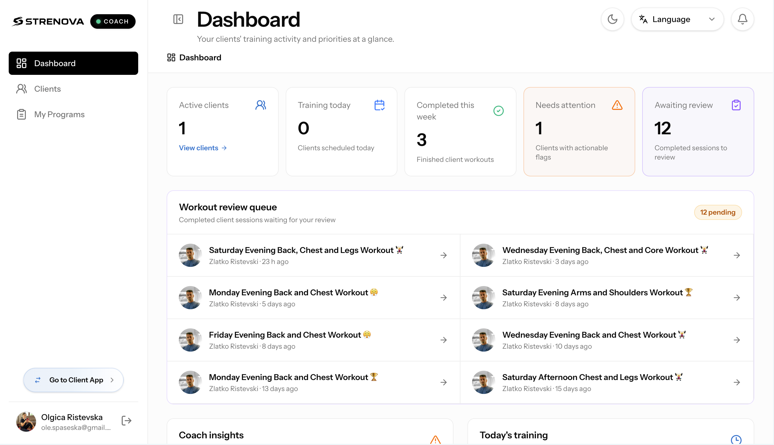 Strenova Coach App Clients screen showing client overview, search, filters, and invitation management