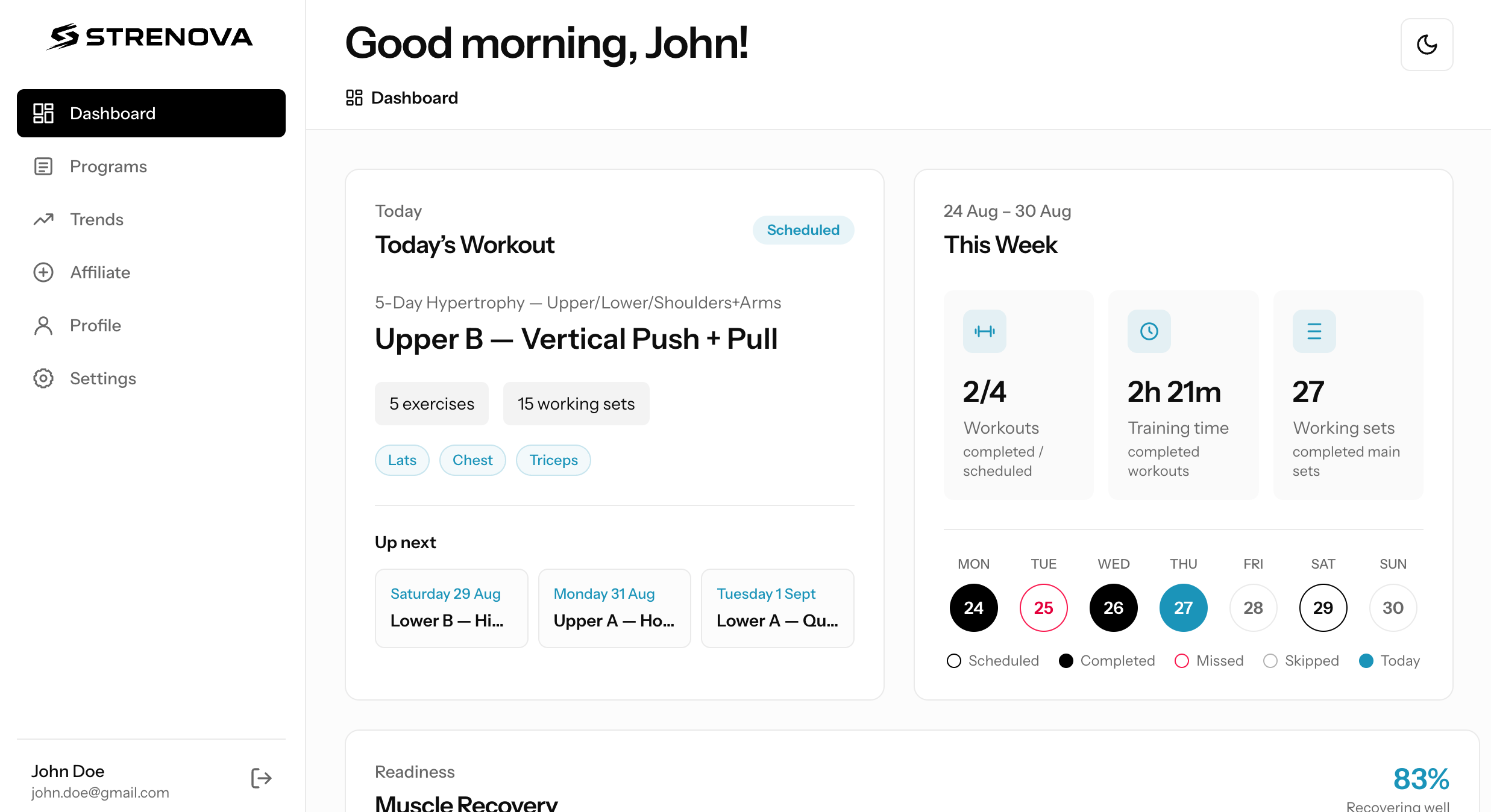 Strenova Web Portal dashboard showing today's workout, weekly summary, and navigation
